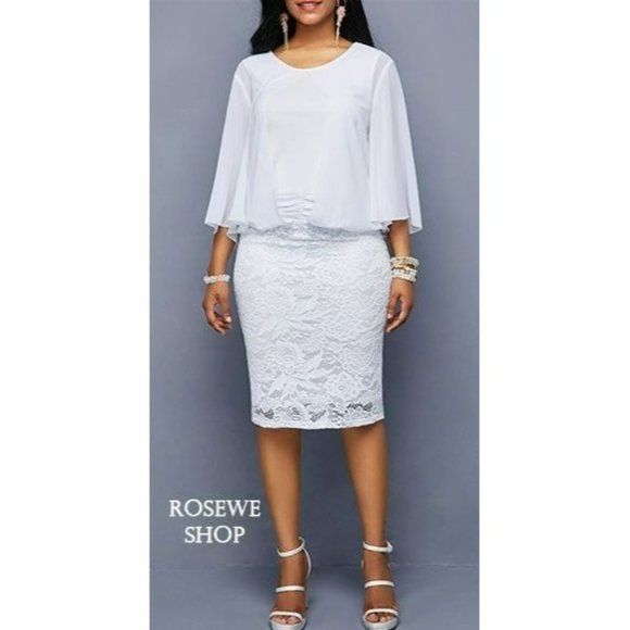 Rosewe | Dresses | Womens Elegant White Midi Lace Dress With Chiffon Layer  Size Medium | Poshmark